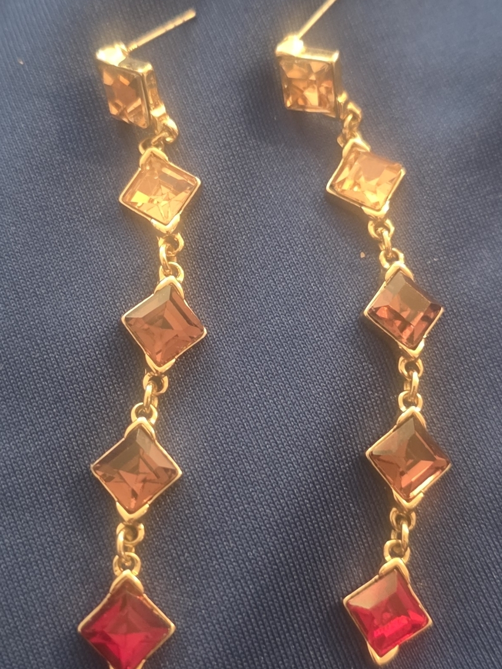 Gold-Tone Linear Dangle Earrings with Amber-to-Red Gems